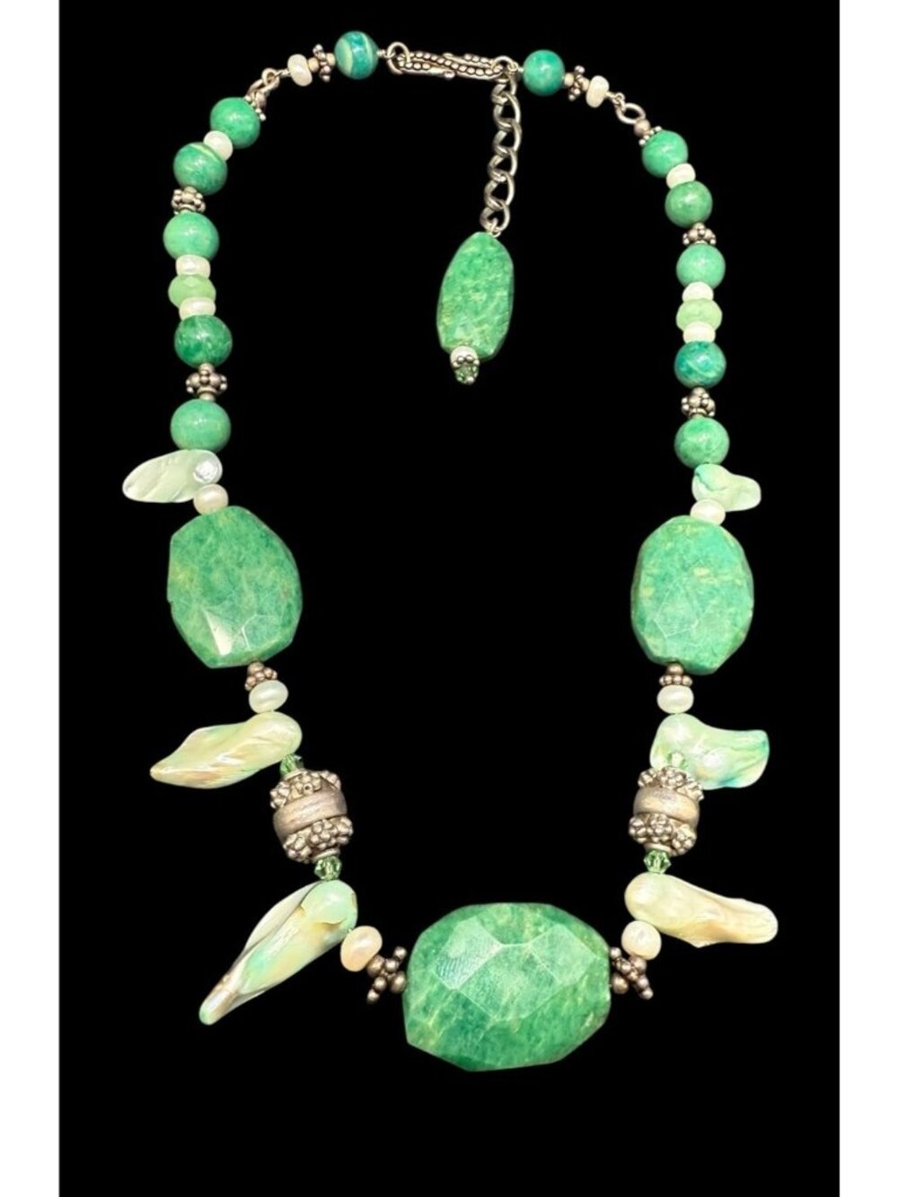 Vintage Sterling Silver Green Baroque Cultured Pearl Chrysoprase Necklace 22”